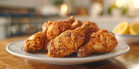 Poster - In a warm and bright kitchen setting, fried chicken is served on a plate.