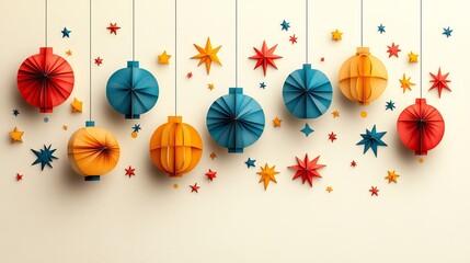 Poster - festive paper cut style scene displaying a series of hanging lanterns and stars in vibrant colors ag