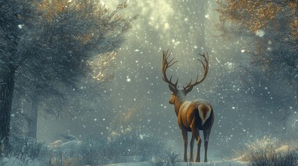 Wall Mural - Majestic stag standing in a snowy forest during a quiet winter day with falling snowflakes