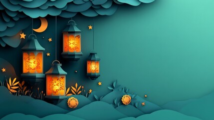 Poster - Festive paper cut style scene showcasing a cluster of glowing lanterns intertwined with stars and moon motifs on a gradient teal background creating space for text at the bottom