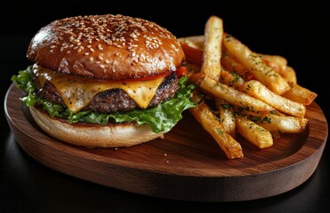 Wall Mural - Juicy cheeseburger with fresh toppings served alongside crispy fries on a wooden platter