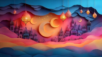 Poster - Festive paper cut style scene with colorful lanterns and crescent moons showcasing traditional motifs for Eid Mubarak designed with a vibrant backdrop and space for text