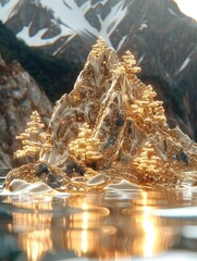 Poster - A mountain made of gold, there are trees made of emeralds on the mountain, the water is golden, a shimmering gold, super glitter, miniature landscape.