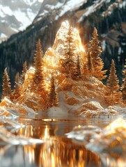 Poster - A mountain made of gold, there are trees made of emeralds on the mountain, the water is golden, a shimmering gold, super glitter, miniature landscape.