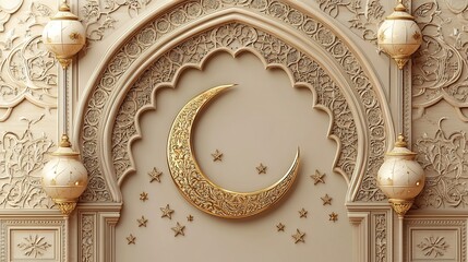 Poster - Festive Ramadan Kareem vector card featuring a 3D golden metal crescent and stars set within an elegant Arabic style arch in beige with intricate traditional patterns including ample copy space