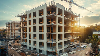 Leinwandbilder - A apartment block under construction, Tall building under construction with scaffolds, Construction Site of New Building.