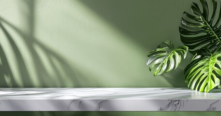 Poster - Fresh organic cosmetics, luxury skin care, beauty product presentation on a white marble stone counter table with tropical monstera plant in sunlight on a green wall