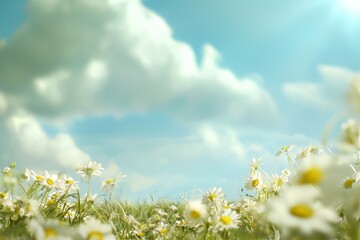 Poster - Blue sky, blossoming meadow with daisies against a blurry spring background