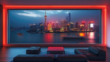 Aufkleber - A large red rectangular frame on living room,The back is a black leather sofa, floor-to-ceiling glass windows with the Shanghai city skyline at night outside.