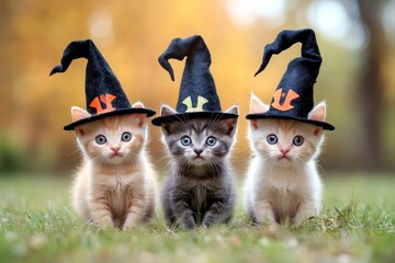 In a Halloween scene, kittens with witches' magic hats on their heads, cute kittens staring at you with wide-eyed, innocent expressions