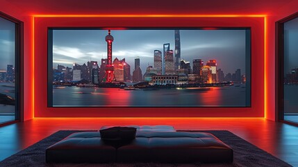 Aufkleber - A large red rectangular frame on living room,The back is a black leather sofa, floor-to-ceiling glass windows with the Shanghai city skyline at night outside.