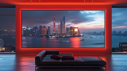 Aufkleber - A large red rectangular frame on living room,The back is a black leather sofa, floor-to-ceiling glass windows with the Shanghai city skyline at night outside.