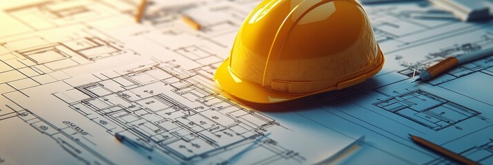 Bright yellow hard hat rests on construction plans in a well lit modern workspace