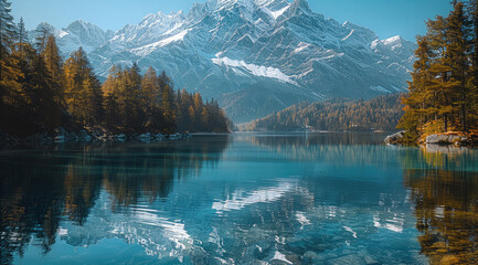 Poster - A crystal-clear mountain lake, surrounded by tall pine trees. The sky is a deep blue, and the snow-covered mountains in the background are perfectly reflected in the calm water.