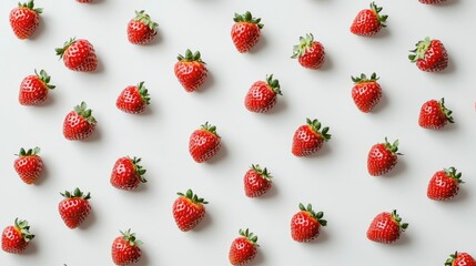 Poster - The pattern of fresh red strawberries from the flat view is isolated on a white background, summer fruit for refreshment. Fresh berries have high vitamin content.