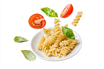Poster - Isolated spaghetti pasta meal on white plate with falling ingredients: peppers, tomatoes, pasta, in the air.