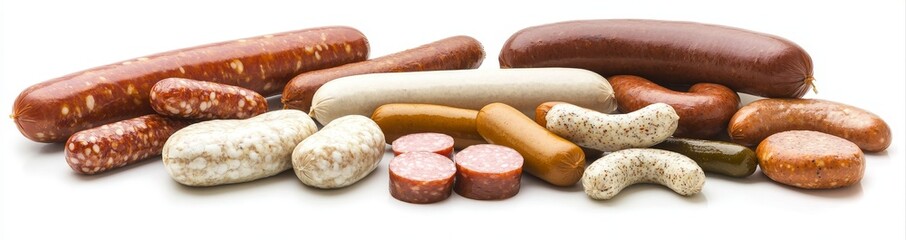 Poster - Cooked simmer pork sausages isolated on a background for an appetizer menu.