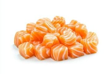 Poster - A close up of a pile of salmon cubes isolated on a white background, a menu with salmon sashimi slices on top.