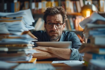 Poster - A small business owner appears worried at a desk filled with compliance documents and a laptop, emphasizing the importance of adherence to regulations in a professional office setting.