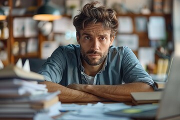 Poster - A small business owner appears worried at a desk filled with compliance documents and a laptop, emphasizing the importance of adherence to regulations in a professional office setting.