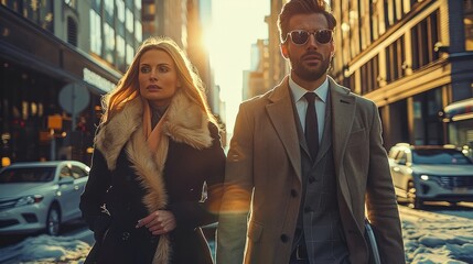 Wall Mural - Business men and women walking on city street.