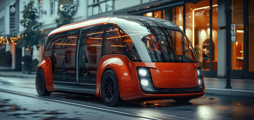 Poster - A red electric vehicle with square front headlights and large glass windows on the roof, resembling a passenger bus.