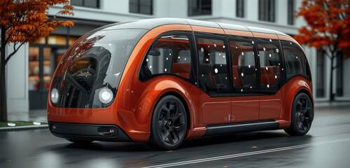 Poster - A red electric vehicle with square front headlights and large glass windows on the roof, resembling a passenger bus.