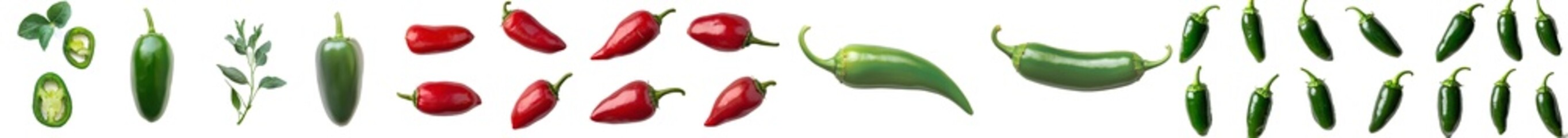Poster - Organic green food design elements of whole, half and sliced jalapenos or chili peppers, isolated over transparency, top and side views, green hot spicy food elements.