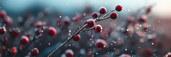 Aufkleber - The festive holiday background of frosted pine branches with red berries and shimmering lights is perfect for celebrations of the season, especially around Christmas.