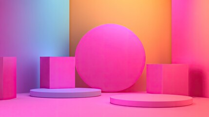 Poster - Abstract 3D Minimalist Product Display with Neon Pink, Blue and Orange Backgrounds