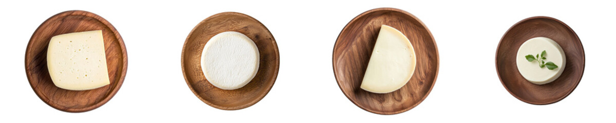 Poster - Isolated top view of whole round cheese on cutting board, isolated on transparent background