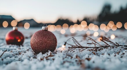 Aufkleber - Red Christmas Ornaments and Pine Branches with Snow and Warm Bokeh Lights - Winter Holiday Scene for Seasonal Decorations