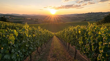 Poster - Travel and Wine Tourism Scene with a Sunrise Over Rolling Hills and Vineyards in Tuscany, Italy - An idyllic countryside landscape in bloom with sunlit vines and a traditional farmhouse