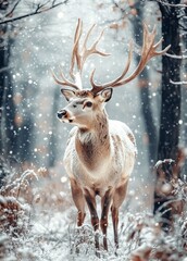 Wall Mural - A majestic deer with large antlers standing in a snowy forest during winter