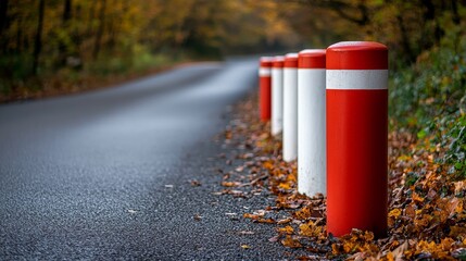 Poster - On either side of a country road are red-and-white road markers. On the other side are painted short posts that indicate steep slopes.