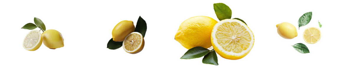 Poster - The half and slice of a lemon with leaves on a transparent background is isolated.