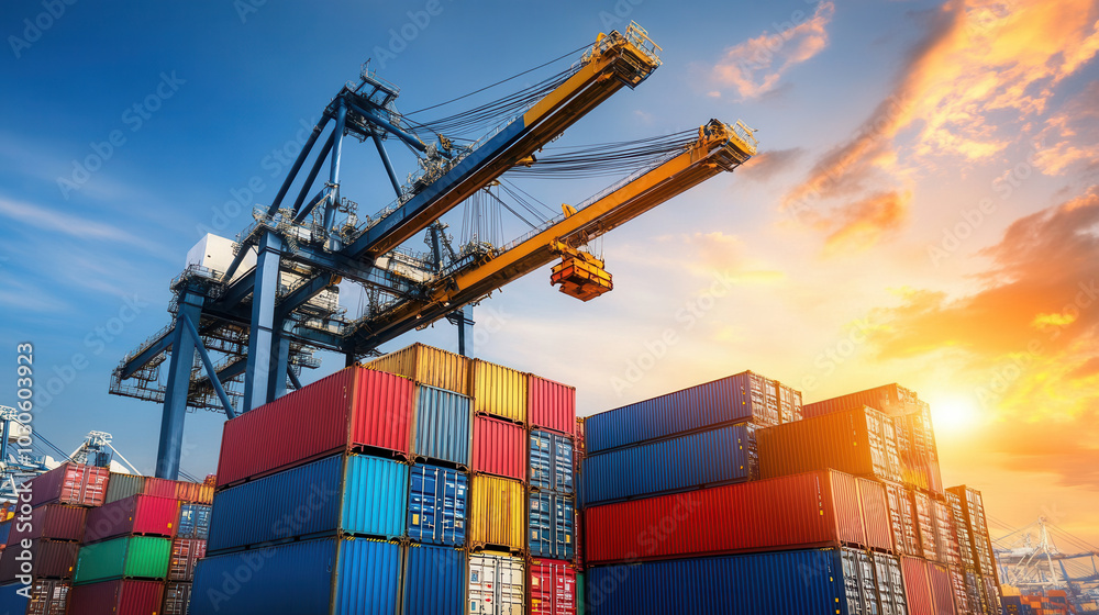 Cranes lifting shipping containers at port during sunset, showcasing ...