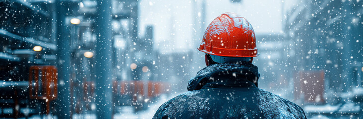 Poster - A man in a red hard hat is standing in the snow