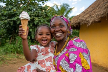 Having ice cream with her daughter is a happy event for mother and child