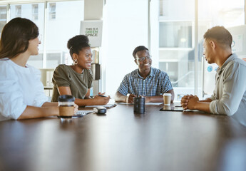 Poster - Group, startup or people in discussion in meeting for revenue review, feedback or organizing project. Boardroom, talking or company growth in office for agency business, teamwork or planning ideas