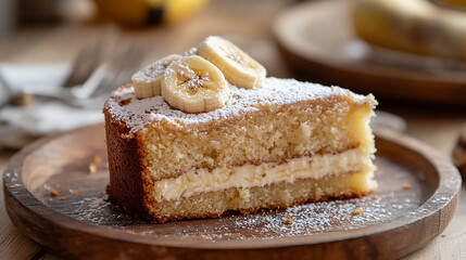 Slice of homemade banana cake with soft fluffy texture