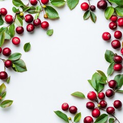 Canvas Print - Fresh red cherries and green leaves arranged on a light background for a vibrant rustic display