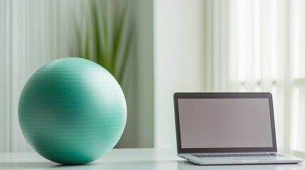 A minimalistic workspace featuring a green exercise ball beside a laptop, set against soft, natural light and indoor greenery.