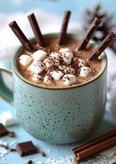 Sticker - Warm hot chocolate with marshmallows and chocolate sticks in a cozy winter setting