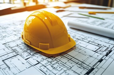 Yellow hard hat rests on blueprints in a sunlit construction office during late afternoon