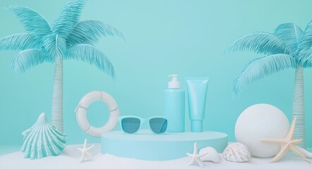Poster - This is a 3D render showing a minimal summer concept with a beach element, a tree, sunglasses, and a ball on a purple background, with an empty podium for advertising products.
