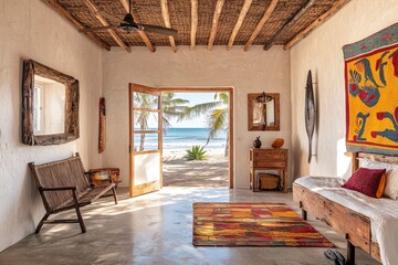 Canvas Print - A modern luxury summer vacation or holiday wooden beach house bedroom interior with a white bed. The door and window have nice views of the great outdoors.