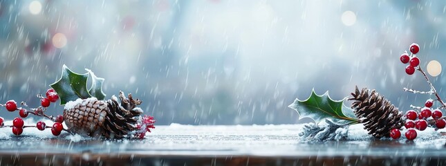Fototapete - The Christmas holidays scenic background is decorated with wooden tables and Christmas decorations.