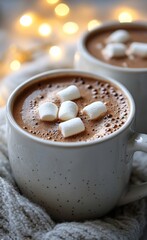 Sticker - Warm hot chocolate topped with marshmallows beside cozy lights in a winter setting