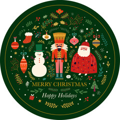 Sticker - Classic Christmas greeting illustration with funny Santa Claus, nutcracker and snowman. Christmas circle composition in Scandinavian style with traditional Christmas and New Year elements	
